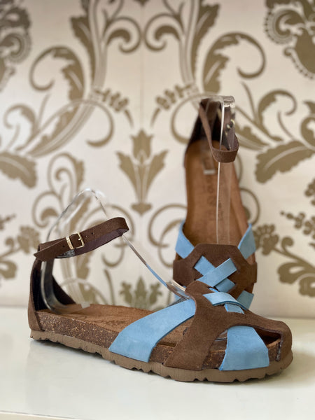 Yokono | Villa-178 Flat Sandal | Brown/Sky Blue Nubuck