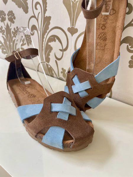 Yokono | Villa-178 Flat Sandal | Brown/Sky Blue Nubuck