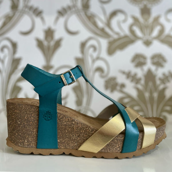 Yokono | Mora-011 Wedge Sandal | Gold/Pacific.