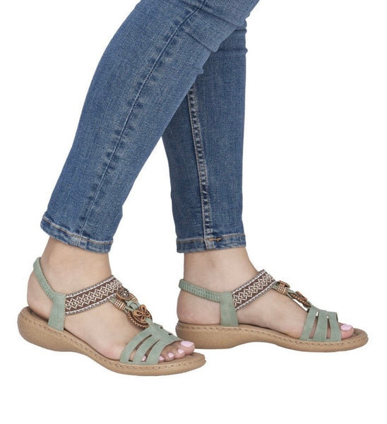 Rieker | Green Beaded Flat Sandal - 61855