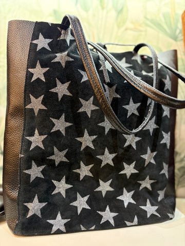 Dark Blue Suede & Leather Shimmer Star Handbag