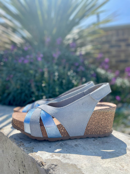 Yokono | Mora-014 Wedge Sandal | Sky Blue/Metallic