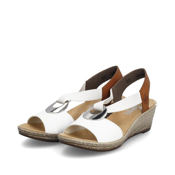 Rieker | Elasticated Wedge Sandal | 624H6-14 | White/Tan