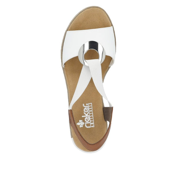 Rieker | Elasticated Wedge Sandal | 624H6-14 | White/Tan