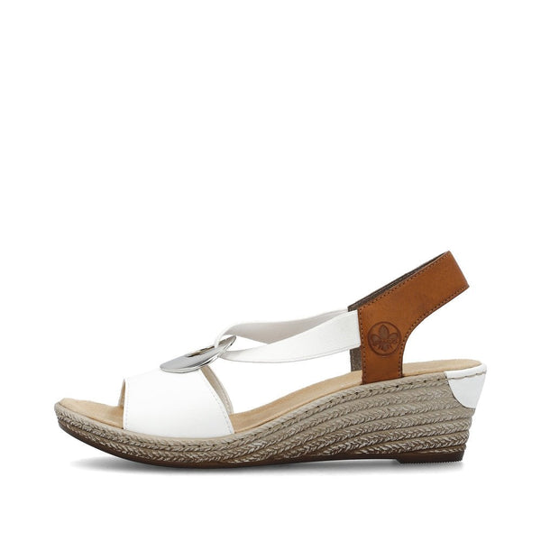 Rieker | Elasticated Wedge Sandal | 624H6-14 | White/Tan
