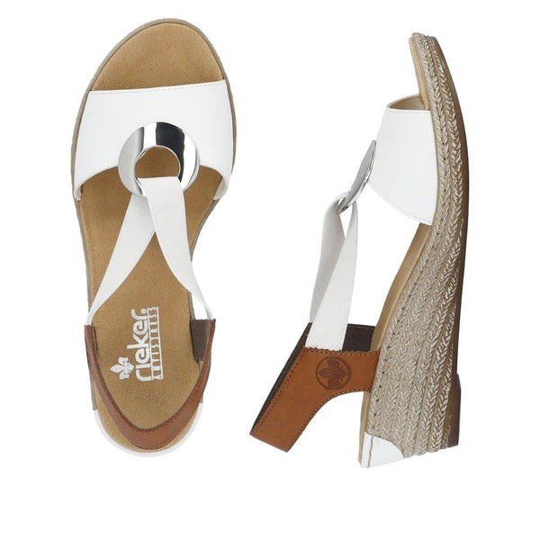 Rieker | Elasticated Wedge Sandal | 624H6-14 | White/Tan