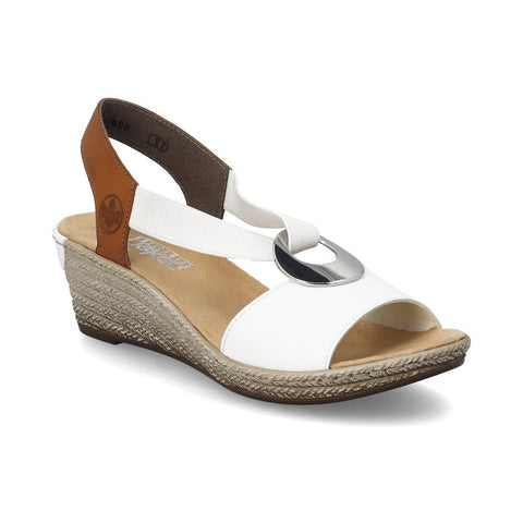 Rieker | Elasticated Wedge Sandal | 624H6-14 | White/Tan