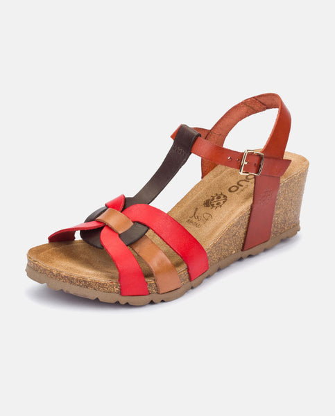 Yokono | Cadiz-138 Leather Wedge Sandal | Red Multi