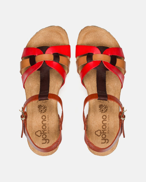 Yokono | Cadiz-138 Leather Wedge Sandal | Red Multi