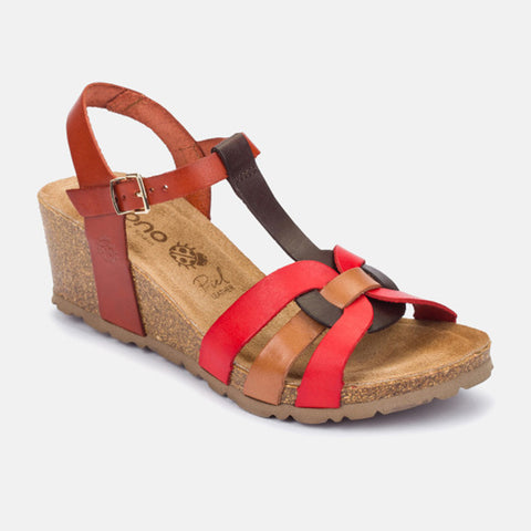 Yokono | Cadiz-138 Leather Wedge Sandal | Red Multi