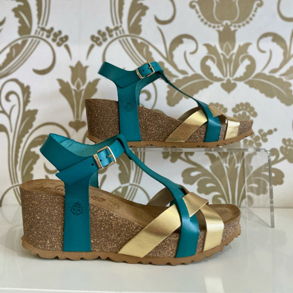 Yokono | Mora-011 Wedge Sandal | Gold/Pacific